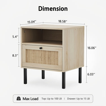 Natural Rattan Nightstand Set of 2 – Boho Bedside Tables with Handwoven Doors