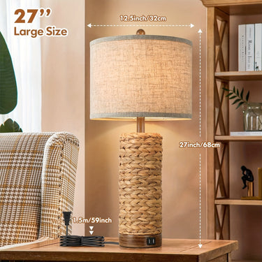 Set of 2 Rattan Table Lamps – Coastal Farmhouse Bedside & Living Room Lamps with USB Ports
