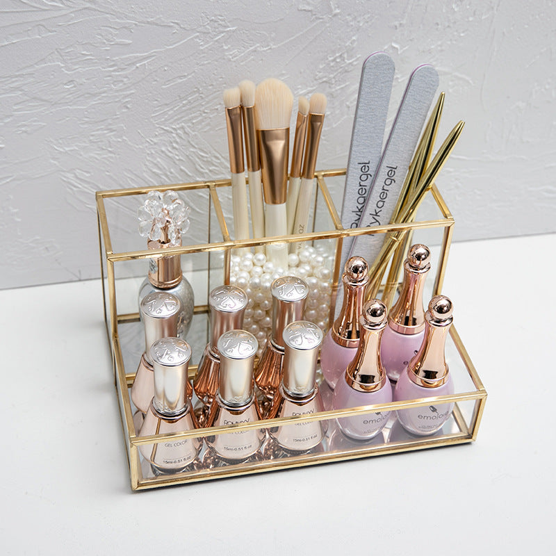 Elegant Glass Makeup Organizer with Brass Finish | Bentalia Home