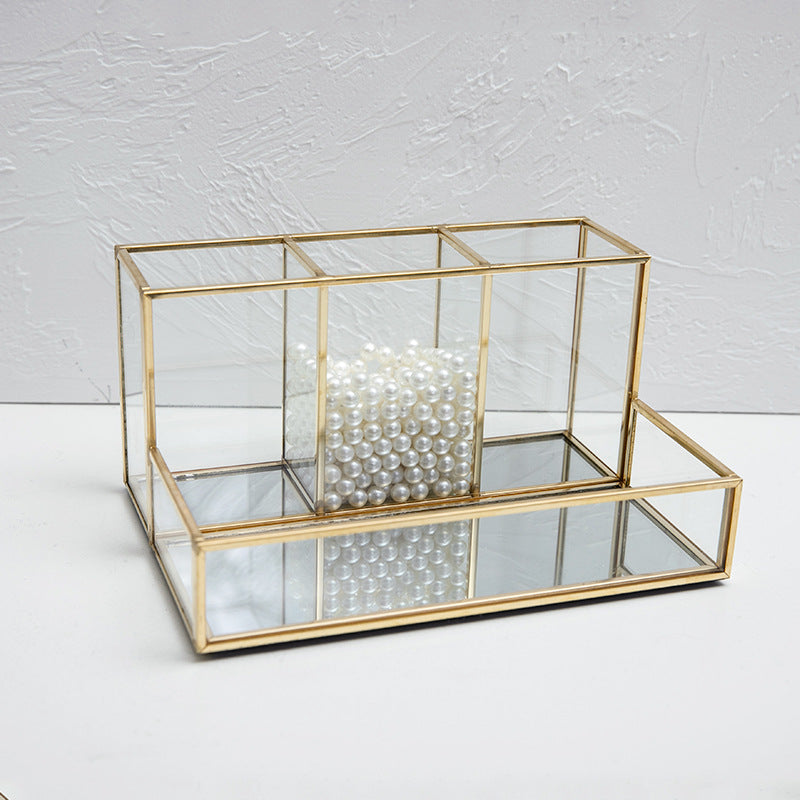 Elegant Glass Makeup Organizer with Brass Finish | Bentalia Home