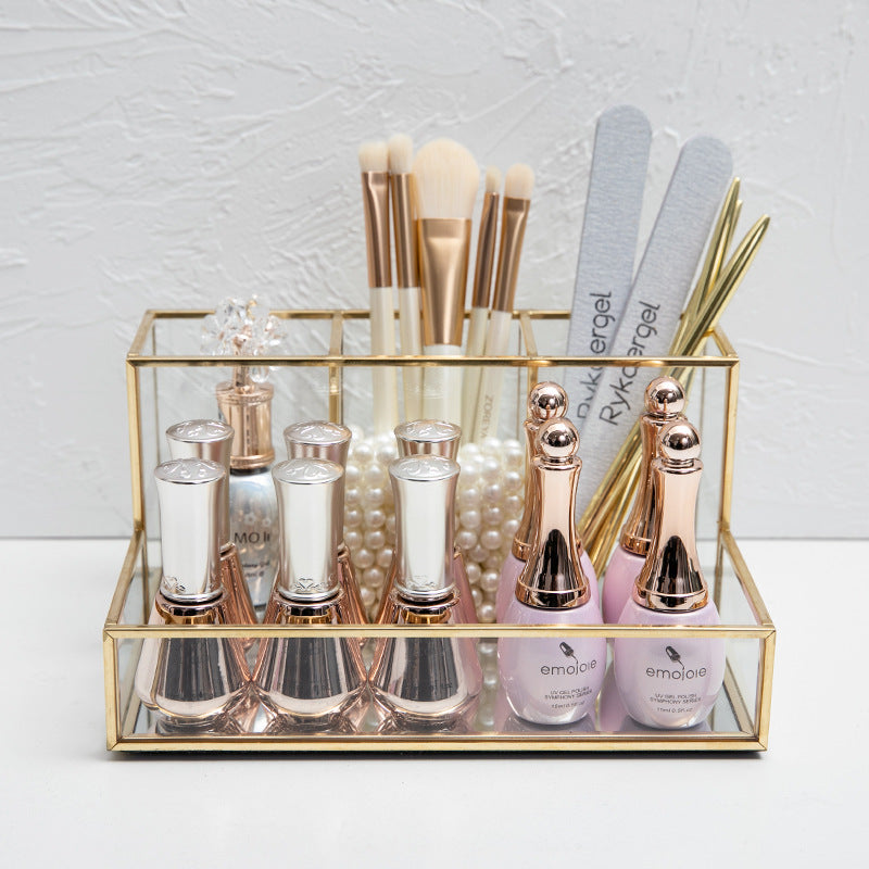 Elegant Glass Makeup Organizer with Brass Finish | Bentalia Home