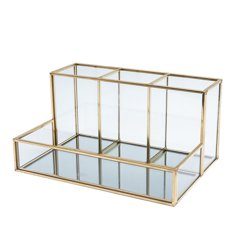 Elegant Glass Makeup Organizer with Brass Finish | Bentalia Home