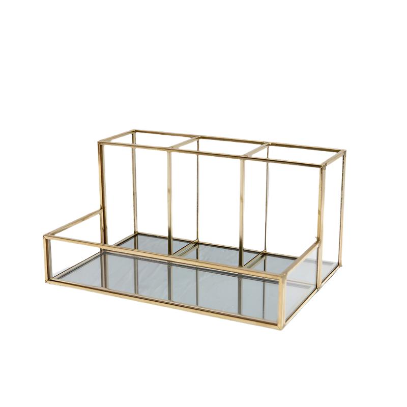 Elegant Glass Makeup Organizer with Brass Finish | Bentalia Home