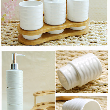 Elegant Bathroom Accessories Set – Three-Piece Ceramic Cup & Wooden Frame Organizer | Bentalia Home