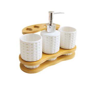 Elegant Bathroom Accessories Set – Three-Piece Ceramic Cup & Wooden Frame Organizer | Bentalia Home