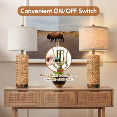 Set of 2 Rattan Table Lamps – Coastal Farmhouse Bedside & Living Room Lamps with USB Ports