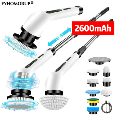 [Wireless Spin Scrubber] Electric Spin Scrubber | 2600mAh Battery | 2 Speed | Adjustable Extension Handle | Replaceable 9 Brush Heads | For Bathtub, Tile Floor, Glass, Car