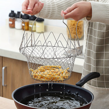 1pc Stainless Steel Frying Basket – Foldable Kitchen Strainer