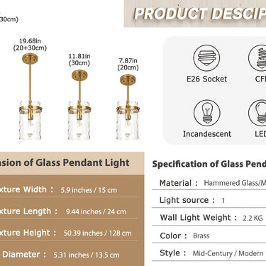 POMITOS Modern Adjustable Glass Pendant Light Fixture – E26 Base, Semi Flush Mount (Hardwired, No Bulb Included)