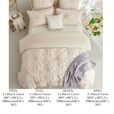 Luxury Bedding -Rustic French Style Textured Flower Pinch Pleated Duvet Cover Set | Solid Color