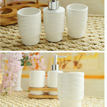 Elegant Bathroom Accessories Set – Three-Piece Ceramic Cup & Wooden Frame Organizer | Bentalia Home