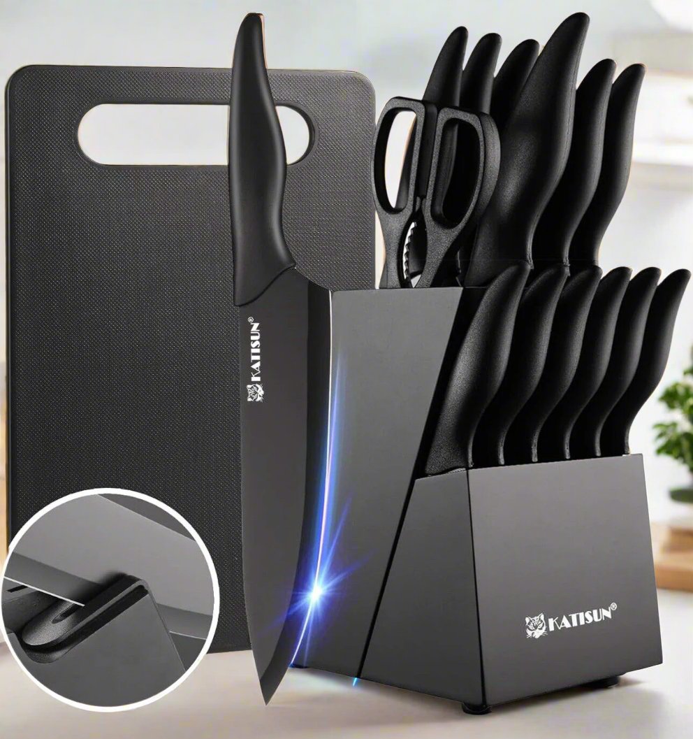 15-Piece Kitchen Knife Block Set with Cutting Board, Sharpener & Steak Knives | Bentalia Homes