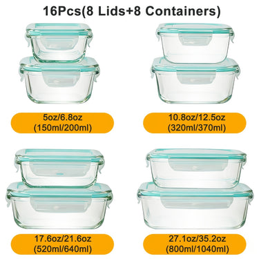 Glass Food Storage Container Set – 16-Piece, Sealed Lids, Multipurpose Use