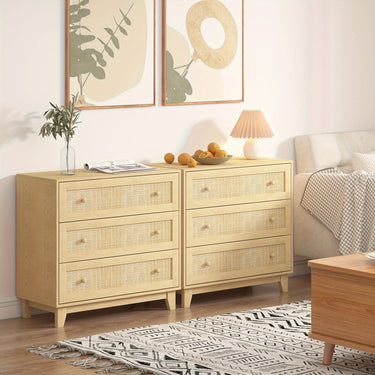 Rattan Dresser with 3 Drawers – Rustic Boho Wooden Storage Organizer