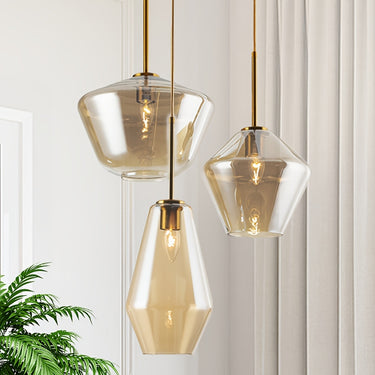 Modern Champagne Gold 3-Light Glass Pendant Fixture – Geometric Chandelier, Semi Flush Mount