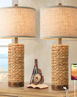 Set of 2 Rattan Table Lamps – Coastal Farmhouse Bedside & Living Room Lamps with USB Ports
