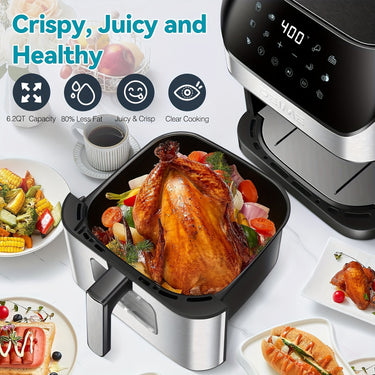 Powerful Oilless Air Fryer – 1500W 6.2QT Large Capacity with 10 Presets, Viewing Window & Non-Stick Basket