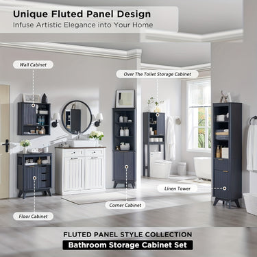 Modern Bathroom Wall Cabinet – Fluted Sliding Door, Faux Marble Top & Adjustable Shelf (Wood Color)