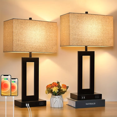 [Set of 2] Touch Control Table Lamps with USB Ports – Modern 3-Way Dimmable Nightstand Lamps with Cream Fabric Shade & Included Bulbs