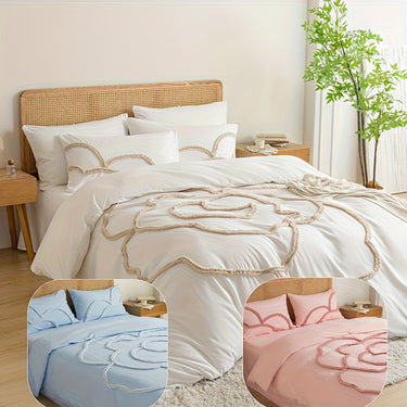 **Tufted Floral Duvet Cover Set with Pillowcases, Camellia or Bow Design, Twin Queen King, No Comforter Insert**