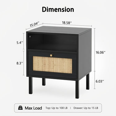 Natural Rattan Nightstand Set of 2 – Boho Bedside Tables with Handwoven Doors