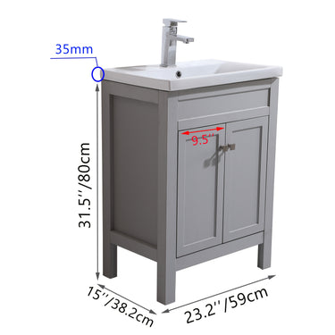 24-Inch Gray Bathroom Vanity with Ceramic Sink – Soft-Close Double Doors & Modern Countertop Design
