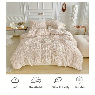 Luxury Bedding -Rustic French Style Textured Flower Pinch Pleated Duvet Cover Set | Solid Color