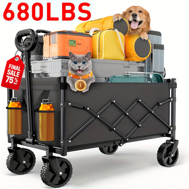 230-680 LBS Foldable Wagon with Extended Tailgate: Collapsible Large Capacity Folding Wagon - Heavy Duty Utility Carts for Shopping, Garden, Sports, Groceries, Apartment, Camping, Outdoor - Black