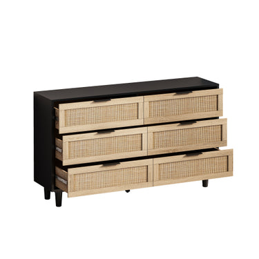 6-Drawer Rattan Storage Cabinet in Black, Modern Bedroom and Living Room Organizer