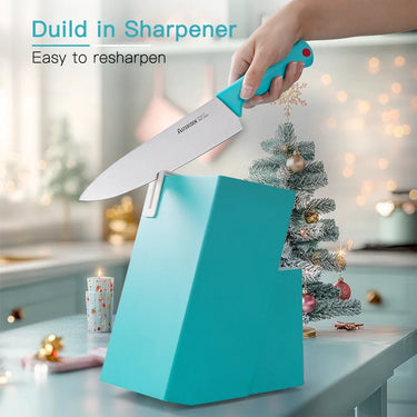 Astercook 14-Piece Kitchen Knife Set with Built-in Sharpener – Teal
