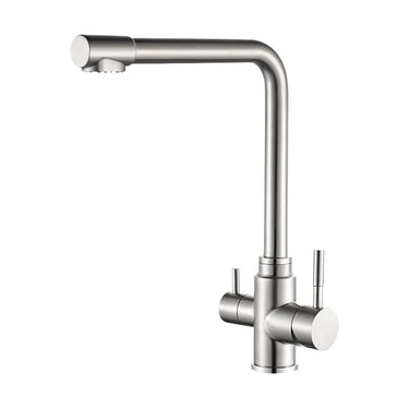 Stainless Steel Kitchen Faucet – Dual Handle, 360° Rotation, Brushed Nickel, Deck Mounted