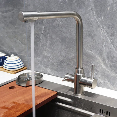 Stainless Steel Kitchen Faucet – Dual Handle, 360° Rotation, Brushed Nickel, Deck Mounted