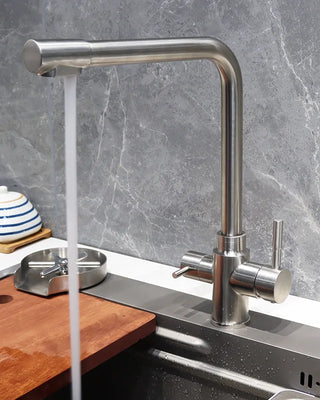 Stainless Steel Kitchen Faucet – Dual Handle, 360° Rotation, Brushed Nickel, Deck Mounted