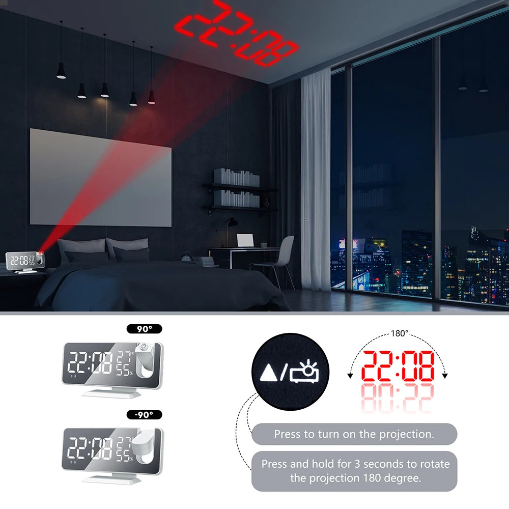 FM Radio LED Digital Alarm Clock with 180° Projection, Snooze, and USB Charging | Bentalia Home