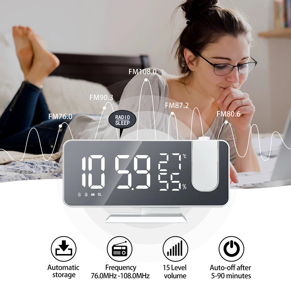 FM Radio LED Digital Alarm Clock with 180° Projection, Snooze, and USB Charging | Bentalia Home