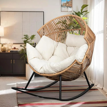 Wicker Egg Chair PE Rattan Chair with Cushion,Oversized Patio Lounge Chair for Outdoor, Indoor, Balcony, Backyard, Garden, Beige