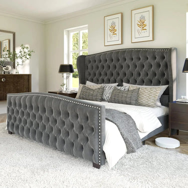 Platform Bed Frame, Velvet Upholstered Bed with Deep Button Tufted & Nailhead Trim Wingback Headboard