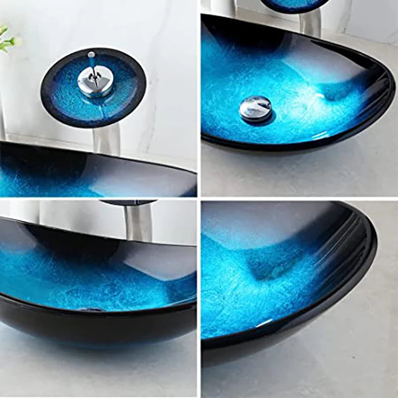 Hand-Painted Oval Bathroom Sink Faucet Set - Tempered Glass Countertop Basin Kit | Bentalia Home