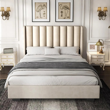 Bed Frame with 51.2" Tall Headboard, Velvet Wingback Tufted Design, Wood Slats Support, No Box Spring Required, Noise-Free