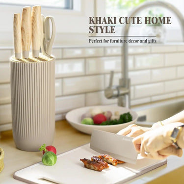 6-Piece Khaki Non-Stick Stainless Steel Kitchen Knife Set with Block