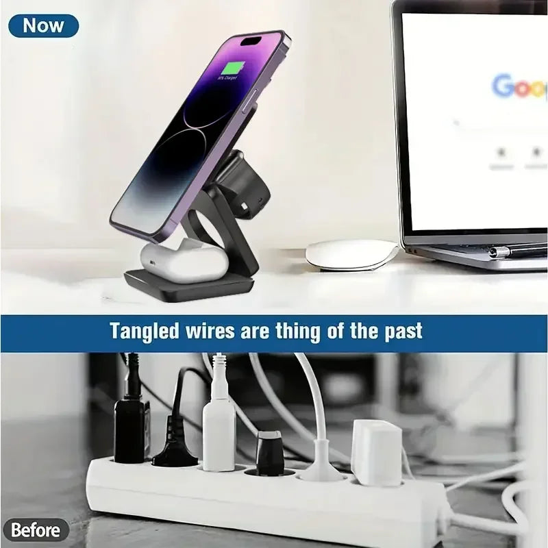 3-in-1 Magnetic Foldable Wireless Charger Stand for iPhone, Apple Watch & AirPods | Bentalia Home