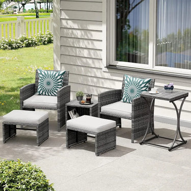 6 Piece Patio Furniture Conversation Set with Ottoman, Outdoor Grey Wicker Chair and Table Set, alcony Furniture for Apartments