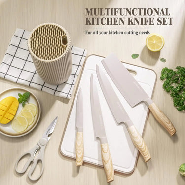 6-Piece Khaki Non-Stick Stainless Steel Kitchen Knife Set with Block