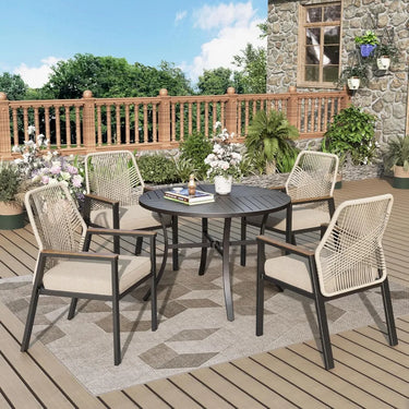 5-Piece Round Outdoor Wicker Dining Set with Cushioned Chairs – Beige Rattan Patio Table Set