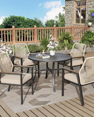 5-Piece Round Outdoor Wicker Dining Set with Cushioned Chairs – Beige Rattan Patio Table Set