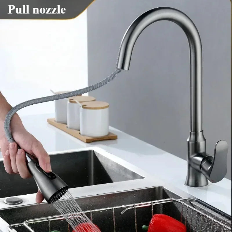 DUTRIEUX Kitchen Hot and Cold Brass Faucet with Pull-Out Nozzle, Deck Mounted - Bentalia Home