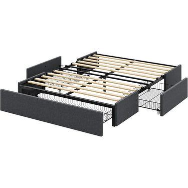 Platform Bed Frame with 3 Storage Drawers, Fabric Upholstered, Wooden Slats Support