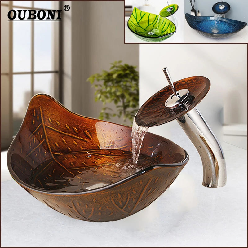 Leaf-Style Tempered Glass Bathroom Basin Set - Embossed Oval Sink & Faucet | Bentalia Home