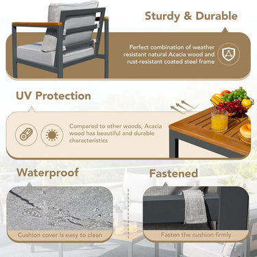 4 Pieces Patio Furniture Sets Outdoor / Wood Sofa Set with Coffee Table / Thicker Sponge Cushion