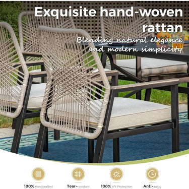 5-Piece Round Outdoor Wicker Dining Set with Cushioned Chairs – Beige Rattan Patio Table Set